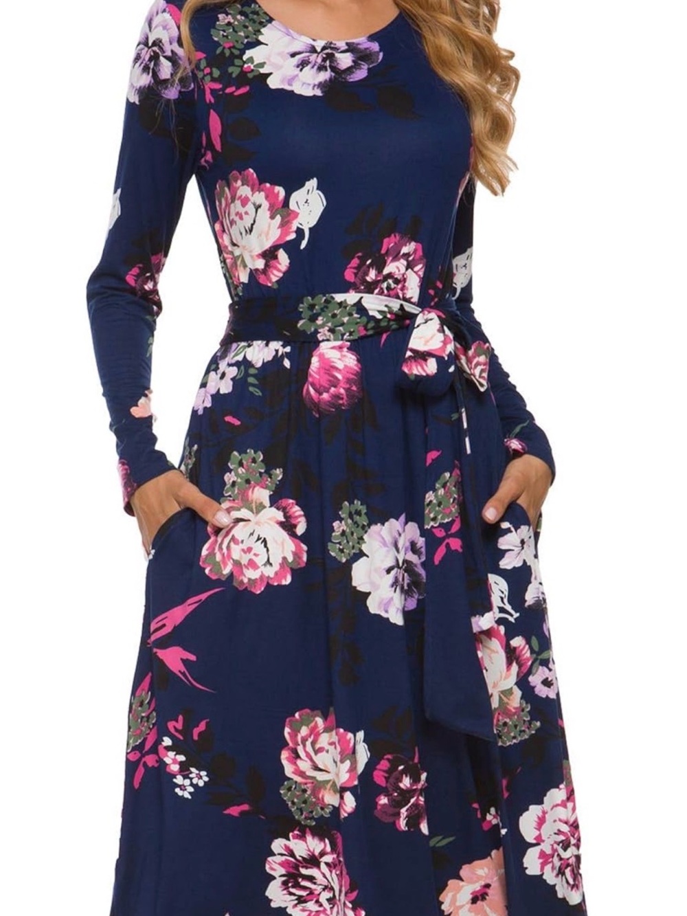 Women's Navy Floral Long-Sleeve Tie-Waist Maxi Dress with Pockets